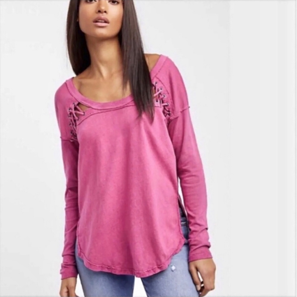 NWOT We The Free People First Love Lace Up Top Pink Berry Twilight Size Small